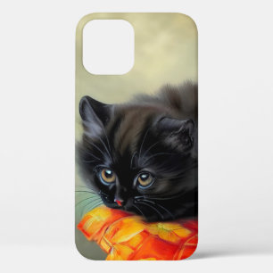 Vintage Black Kitten with Red Flower Blanket iPhone 12 Case