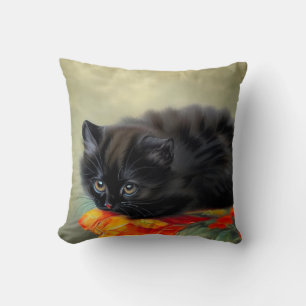 Vintage Black Kitten with Red Flower Blanket Cushion