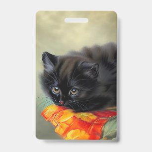 Vintage Black Kitten with Red Flower Blanket ID Badge