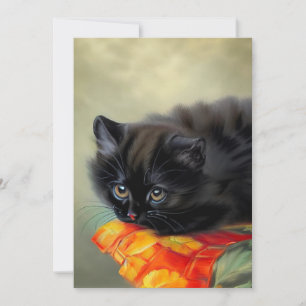 Vintage Black Kitten with Red Flower Blanket Invitation
