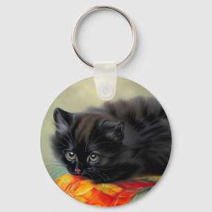 Vintage Black Kitten with Red Flower Blanket Key Ring