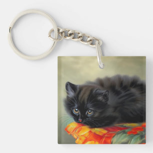 Vintage Black Kitten with Red Flower Blanket Key Ring