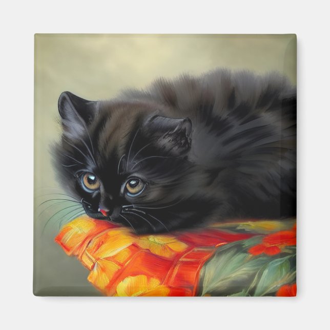 Vintage Black Kitten with Red Flower Blanket Magnet (Front)