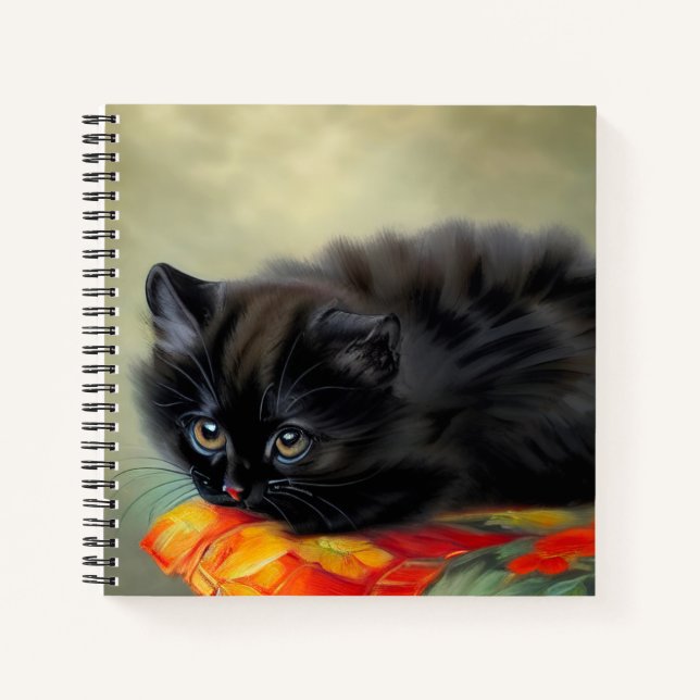 Vintage Black Kitten with Red Flower Blanket Notebook (Front)