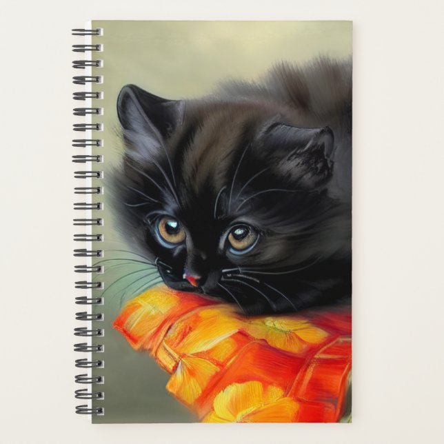 Vintage Black Kitten with Red Flower Blanket Planner (Front)