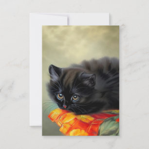 Vintage Black Kitten with Red Flower Blanket RSVP Card