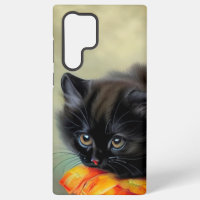 Vintage Black Kitten with Red Flower Blanket