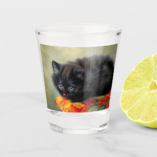 Vintage Black Kitten with Red Flower Blanket Shot Glass