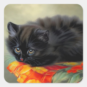Vintage Black Kitten with Red Flower Blanket Square Sticker