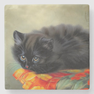 Vintage Black Kitten with Red Flower Blanket Stone Coaster