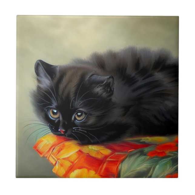Vintage Black Kitten with Red Flower Blanket Tile (Front)