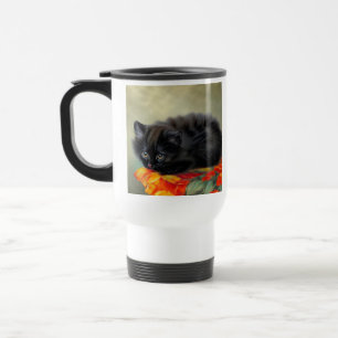 Vintage Black Kitten with Red Flower Blanket Travel Mug