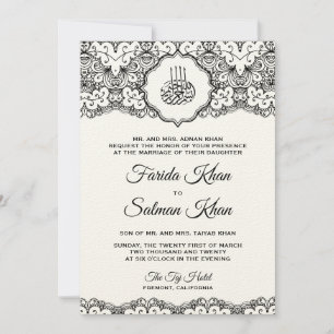 Vintage Black Lace Felt Ecru Islamic Wedding Invitation