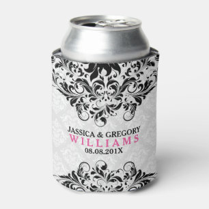 Vintage Black Lace On Plush White Damasks Can Cooler