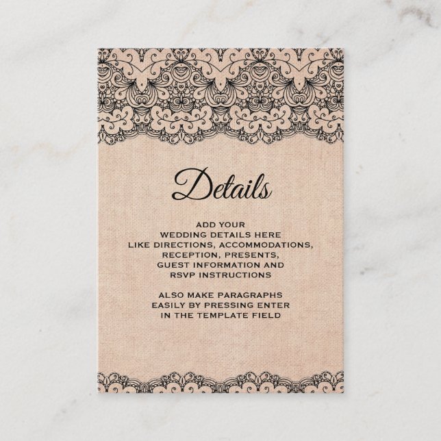 Vintage Black Lace Rustic Burlap Details Enclosure Card (Front)