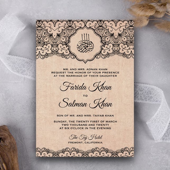 Vintage Black Lace Rustic Burlap Islamic Wedding Invitation (Creator Uploaded)
