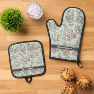 Vintage Black Mint French Country Toile de Jouy Oven Mitt & Pot Holder Set