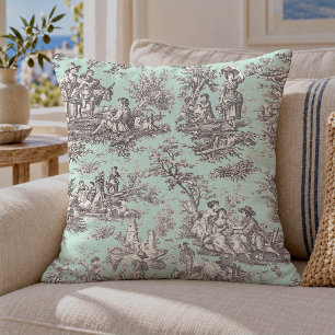 Vintage Black Mint French Toile De Jouy Scenic Cushion