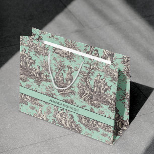 Vintage Black Mint Toile de Jouy Country Scene Large Gift Bag