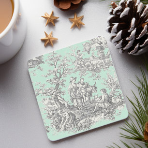 Vintage black mint toile de jouy design stone coaster