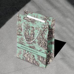 Vintage Black Mint Toile de Jouy French Scene Medium Gift Bag