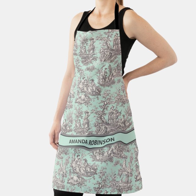 Vintage black mint toile de jouy printed apron (Insitu)