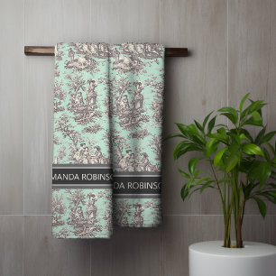 Vintage black mint toile de jouy printed bath towel set