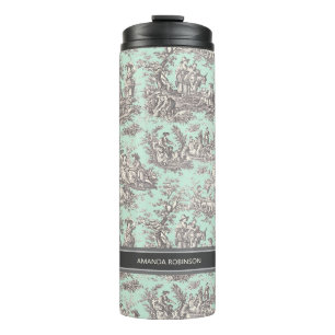 Vintage black mint toile de jouy printed thermal tumbler