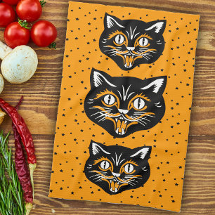 Vintage Black Orange Halloween Cat Faces Stars Tea Towel