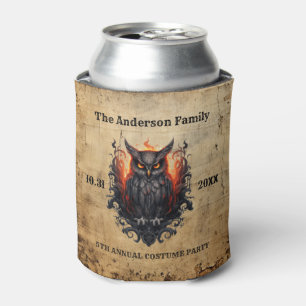Vintage Black Orange Owl Old Paper Halloween Party Can Cooler