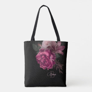 Vintage Black Pink Black Name Monogram Tote Bag