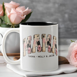 Vintage Black/Pink Floral Lace Varsity Style Mama Two-Tone Coffee Mug