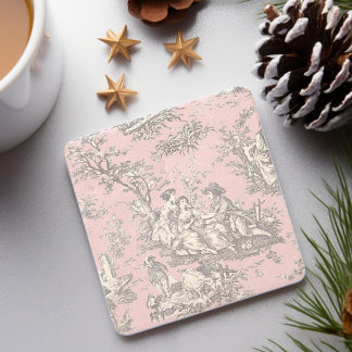 Vintage black pink toile de jouy pattern stone coaster