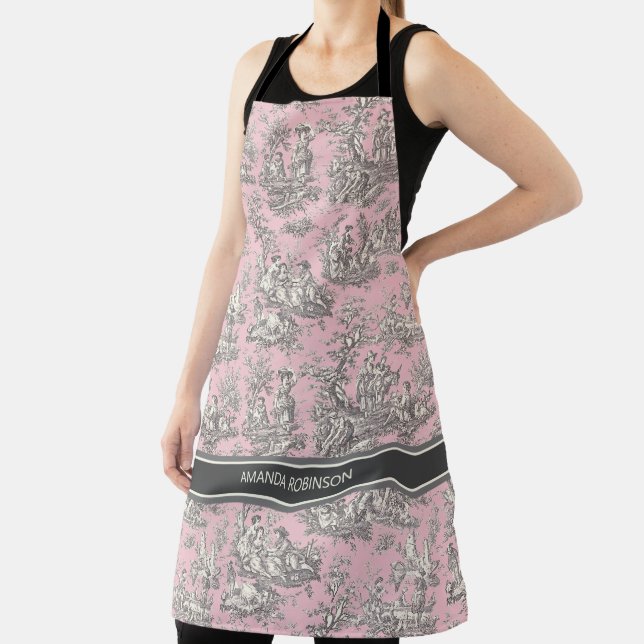 Vintage black pink toile de jouy printed  apron (Insitu)