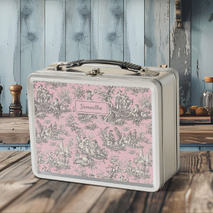 Vintage black pink toile de jouy printed metal lunch box