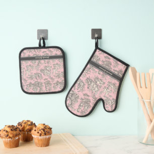 Vintage black pink toile de jouy printed oven mitt & pot holder set