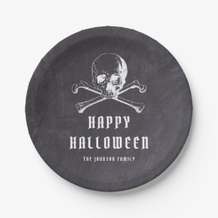 Vintage Black Pirate Skull & Bones Halloween Paper Plate