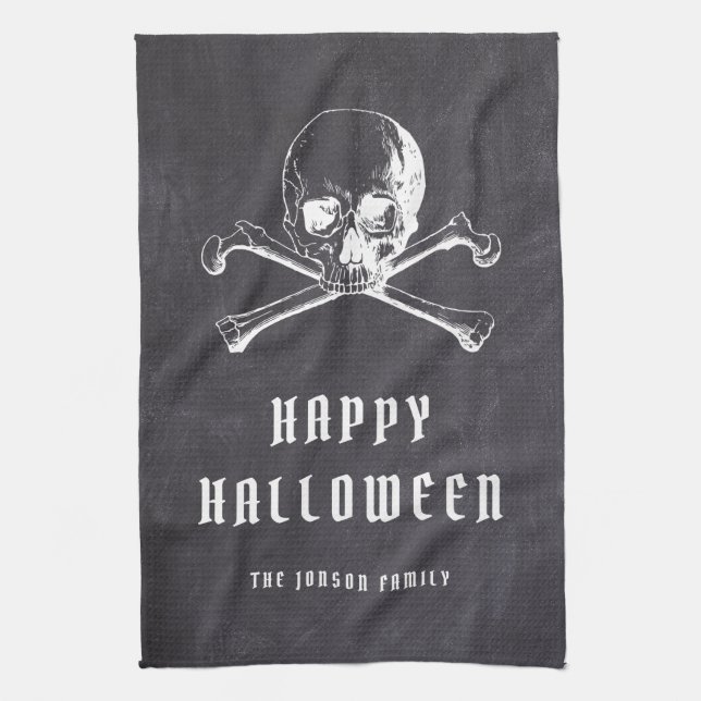 Vintage Black Pirate Skull & Bones Halloween  Tea Towel (Vertical)