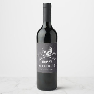 Vintage Black Pirate Skull & Bones Happy Halloween Wine Label