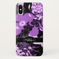 Vintage black purple flowers birds Monogram