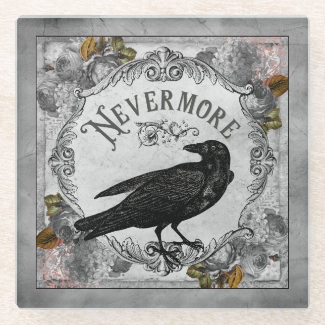 Vintage Black Raven Nevermore Halloween Glass Coaster (Front)