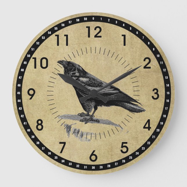 Vintage Black Raven Round Wall Clock (Front)