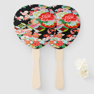 Vintage Black Red Japanese Kimono Floral Flower Hand Fan