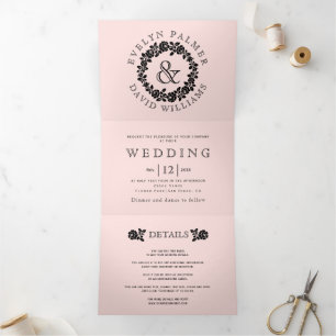 Vintage black rose wreath blush pink wedding Tri-Fold invitation