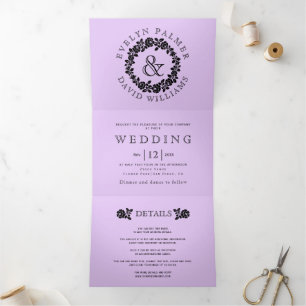 Vintage black rose wreath lavender purple wedding  Tri-Fold invitation