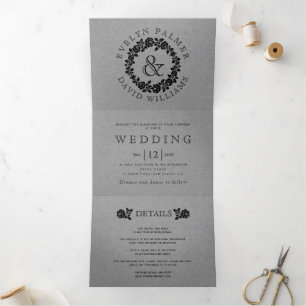 Vintage black roses grey kraft cardboard wedding Tri-Fold invitation