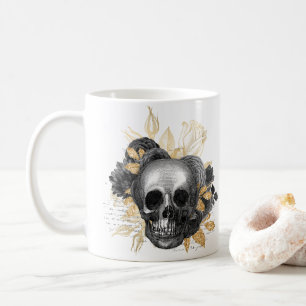 Vintage black roses skull script faux gold foliage coffee mug