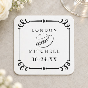 Vintage Black Scroll Frame Wedding Monogram Square Paper Coaster