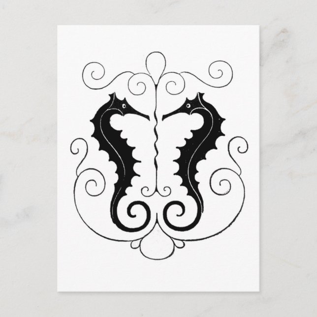 Vintage Black Seahorses Postcard (Front)