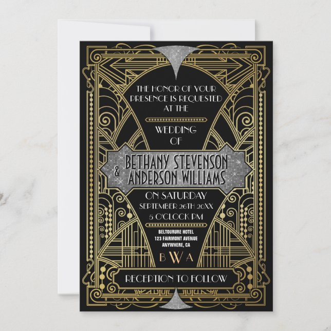 Vintage Black Silver Art Deco Wedding Invitations (Front)